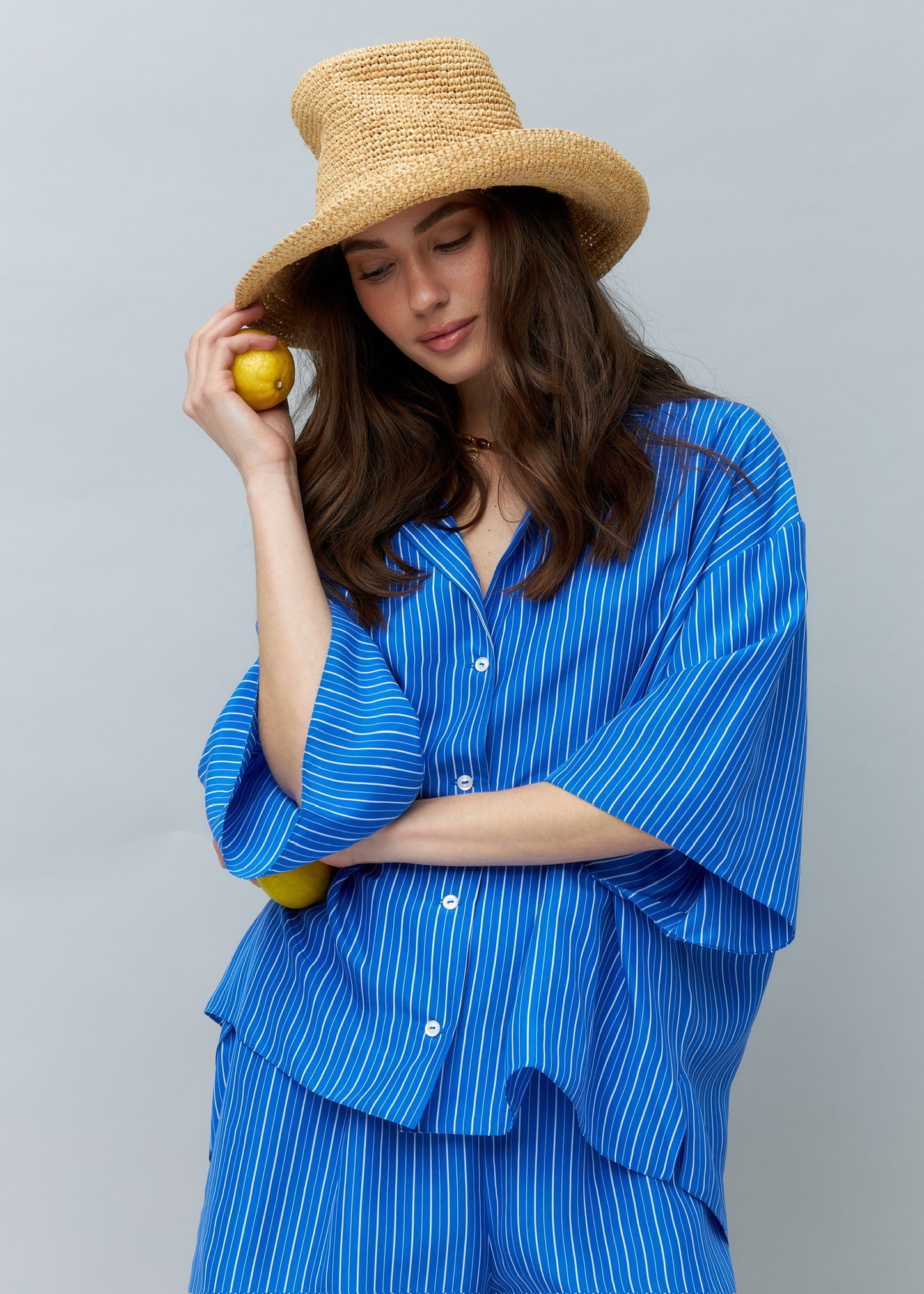 Pure Silk Blouse and Shorts Set in Blue with Stripes