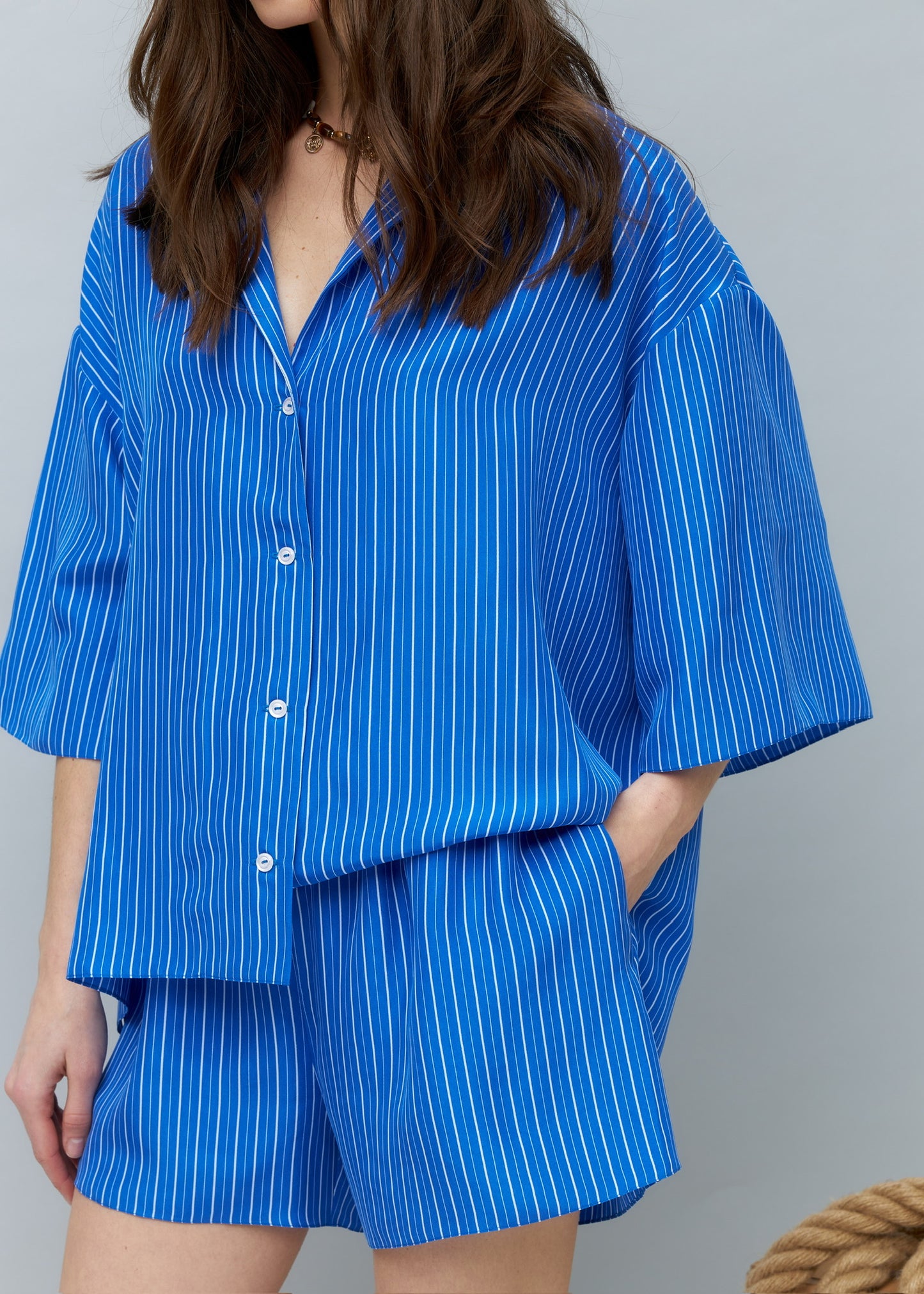Pure Silk Blouse and Shorts Set in Blue with Stripes