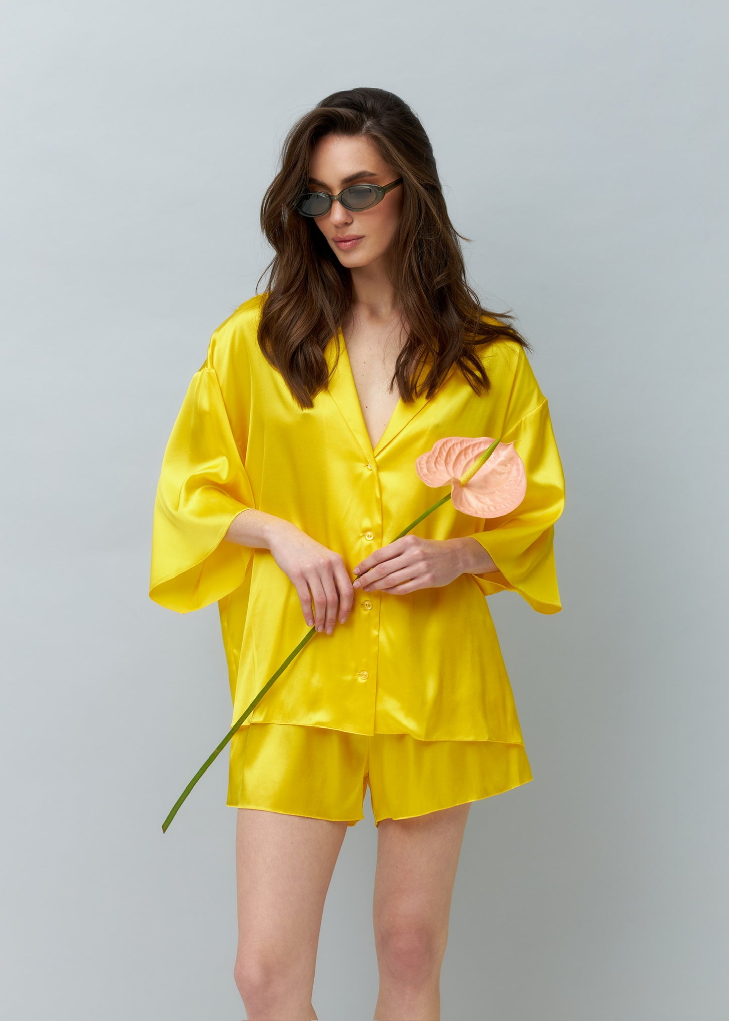 Pure Silk Blouse and Shorts Set in Yellow
