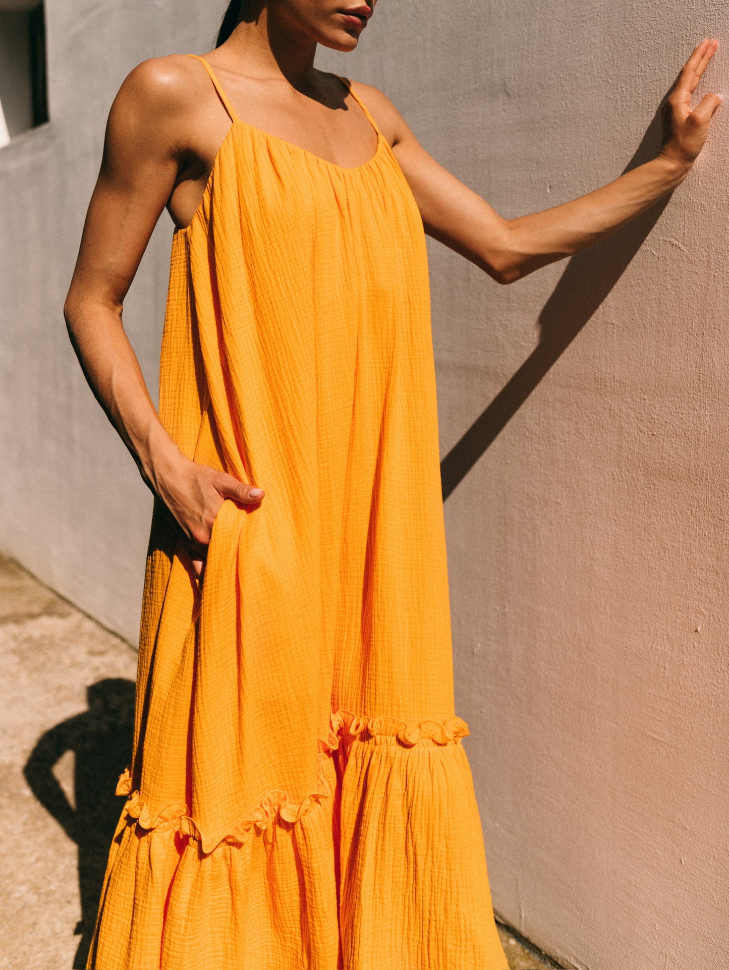 Universal Midi Muslin Summer Dress in Orange