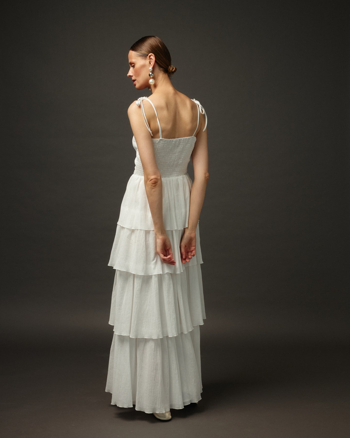 Long Ruffle Spaghetti Strap Cotton Dress "Paris" in White