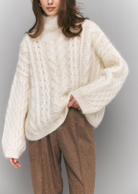 Handcrafted Kidmohair Cable - knit Turtleneck Sweater in White - NiSO