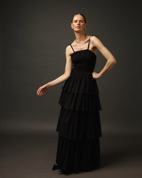 Long Ruffle Spaghetti Strap Cotton Dress "Paris" in Black - NiSO