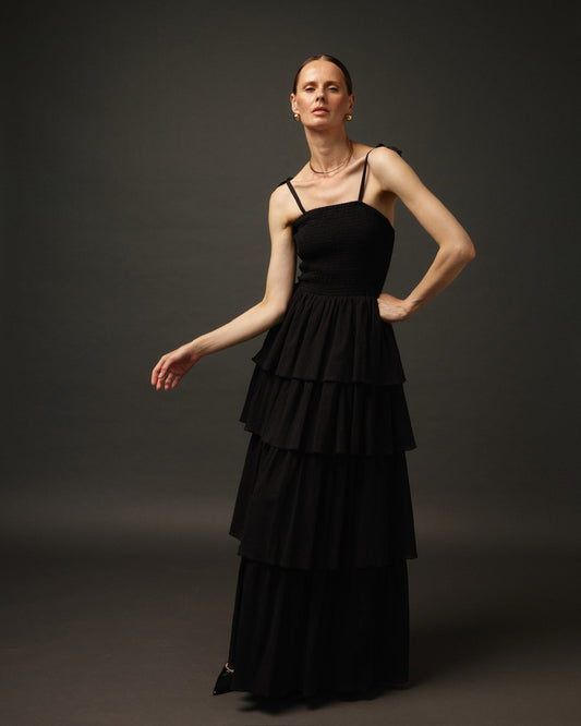 Long Ruffle Spaghetti Strap Cotton Dress "Paris" in Black - NiSO