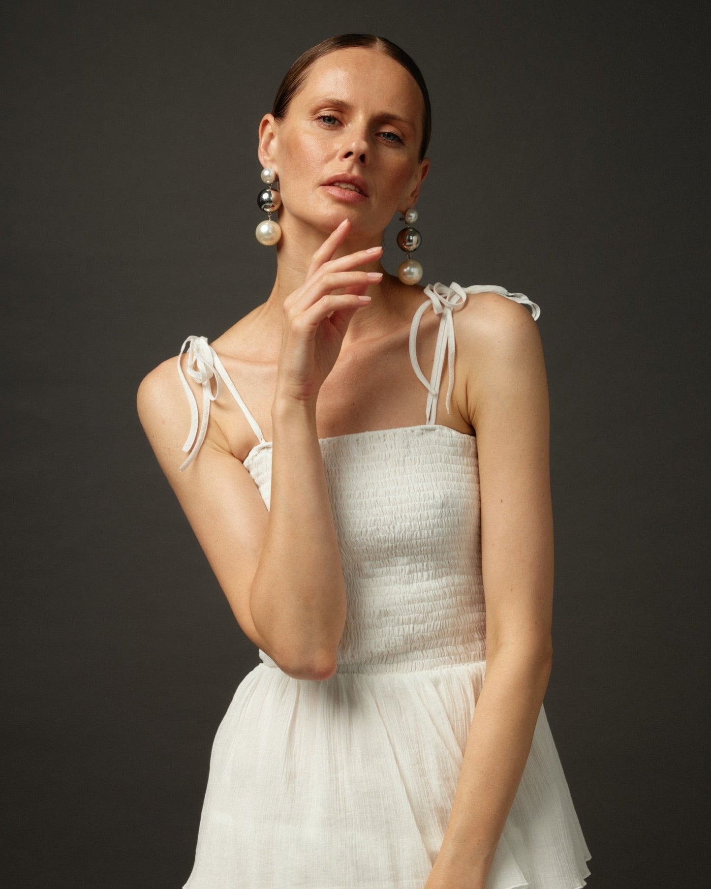 Long Ruffle Spaghetti Strap Cotton Dress "Paris" in White - NiSO