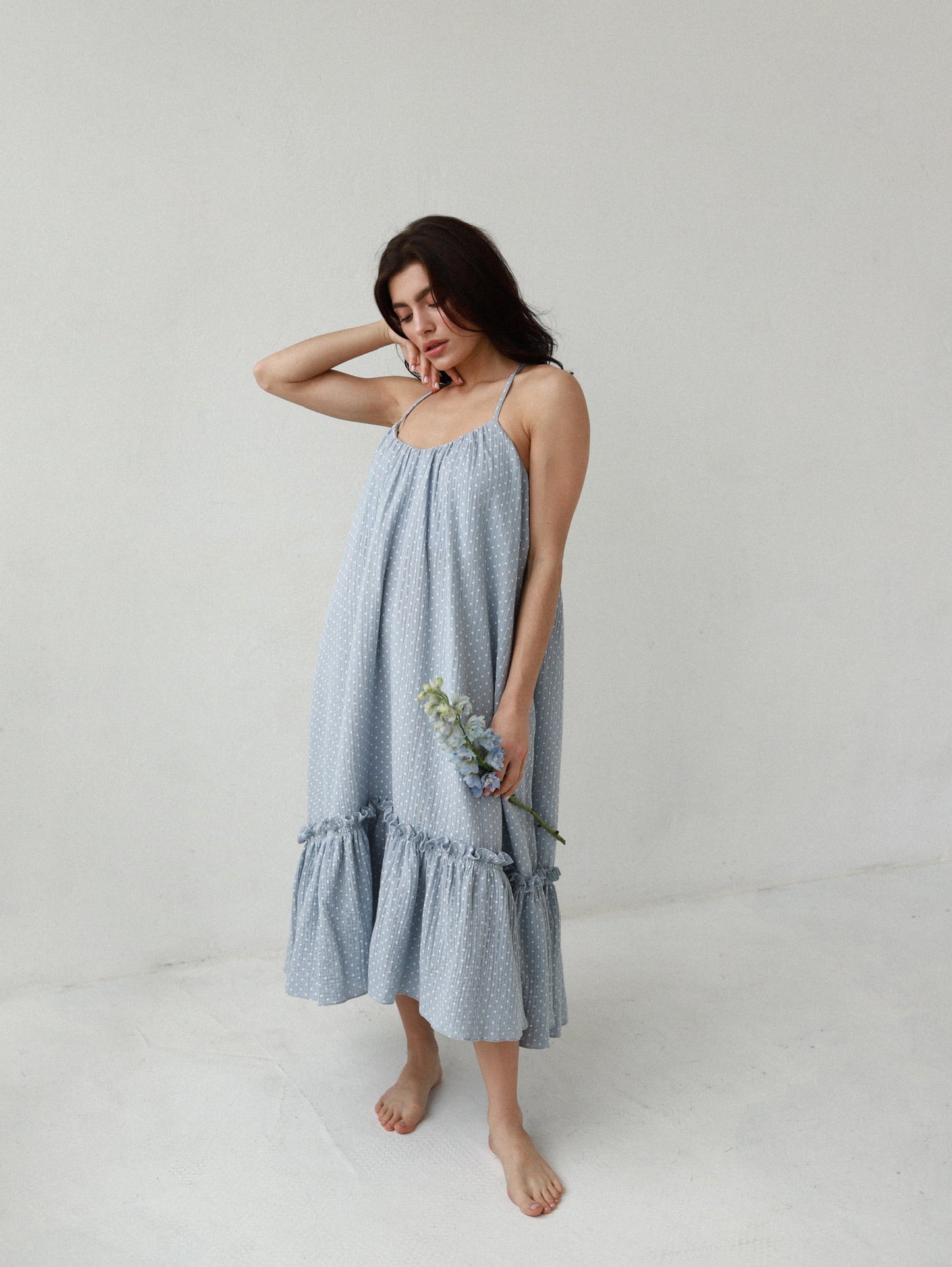 Universal Midi Muslin Summer Dress in Blue with Dots - NiSO