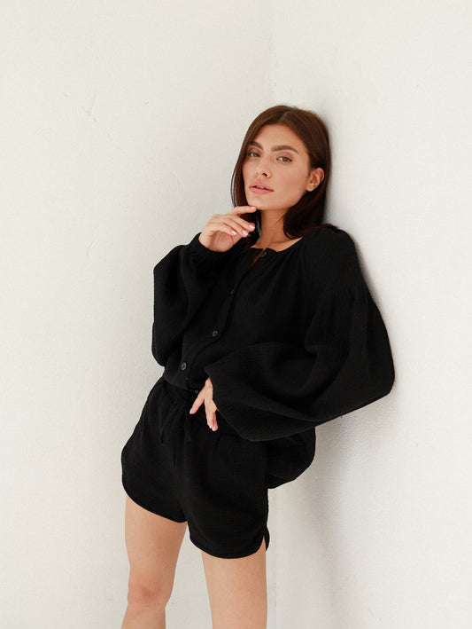Natural Muslin Set with Shorts in Black - NiSO