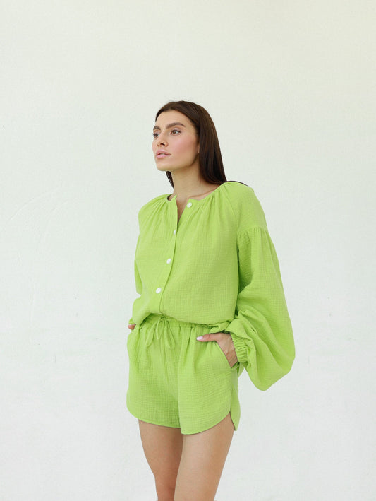Natural Muslin Set with Shorts in Green - NiSO