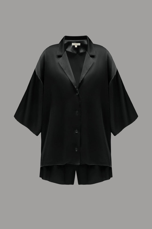 Pure Silk Blouse and Shorts Set in Black - NiSO