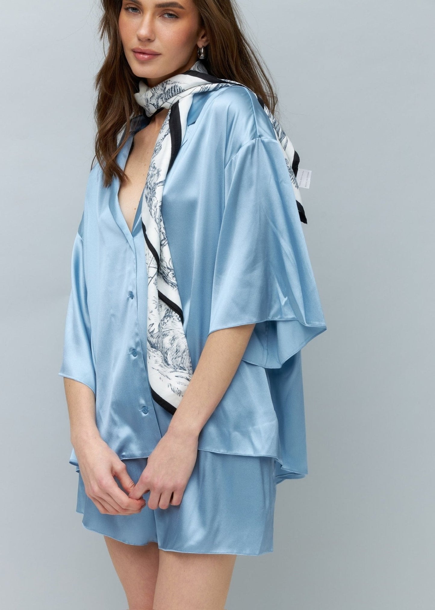 Pure Silk Blouse and Shorts Set in Light Blue - NiSO