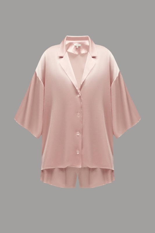 Pure Silk Blouse and Shorts Set in Powder - NiSO