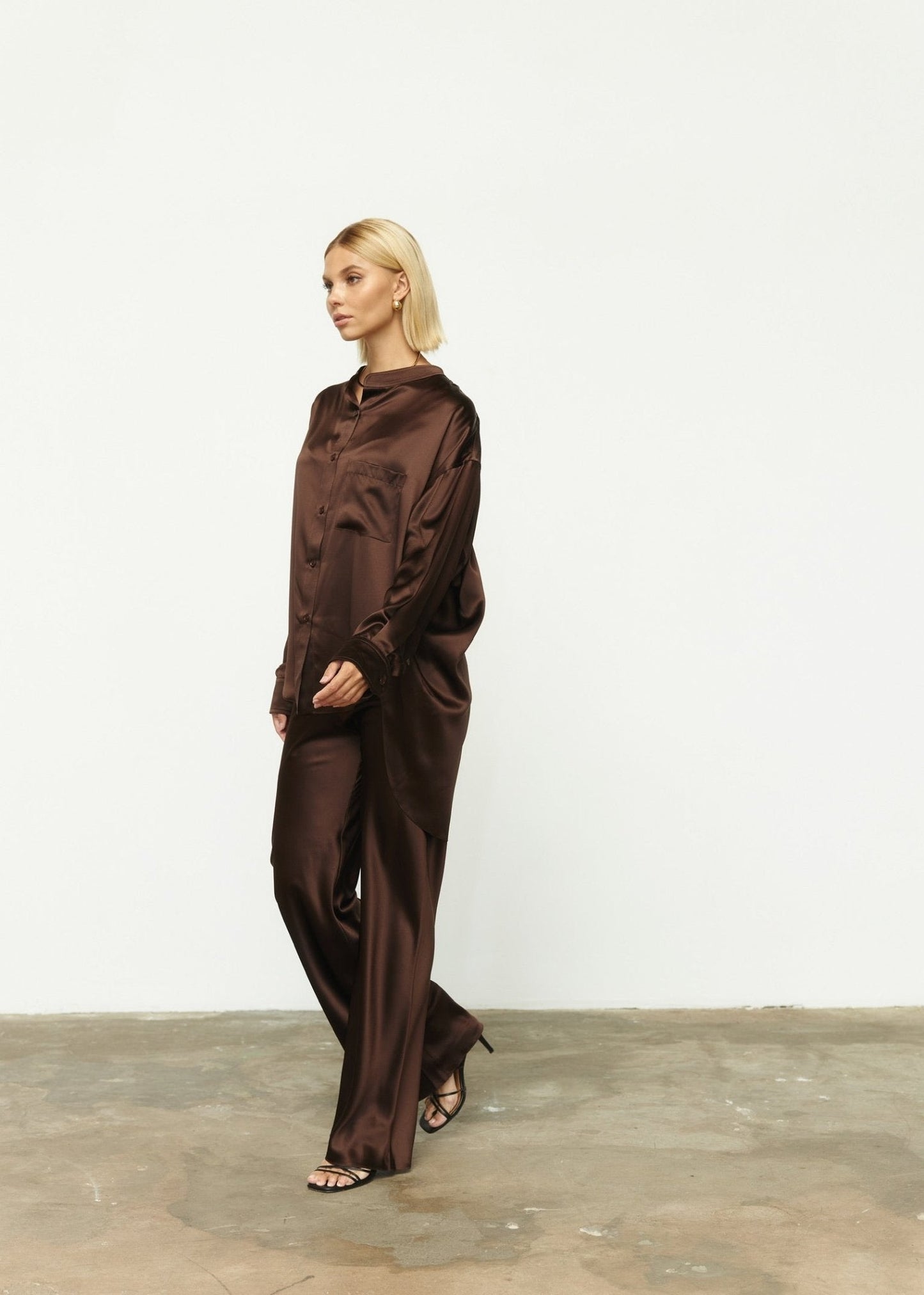 Pure Silk Blouse with Trousers Set in Brown - NiSO