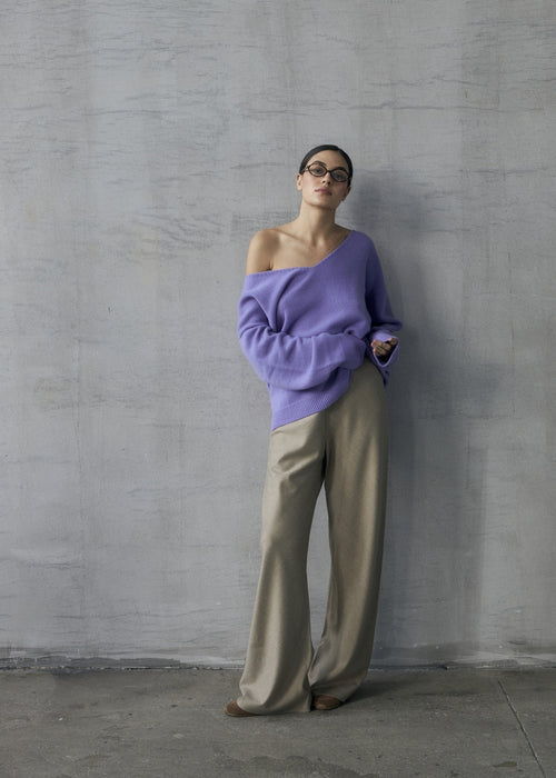 Wool Palazzo Trousers in Beige - NiSO