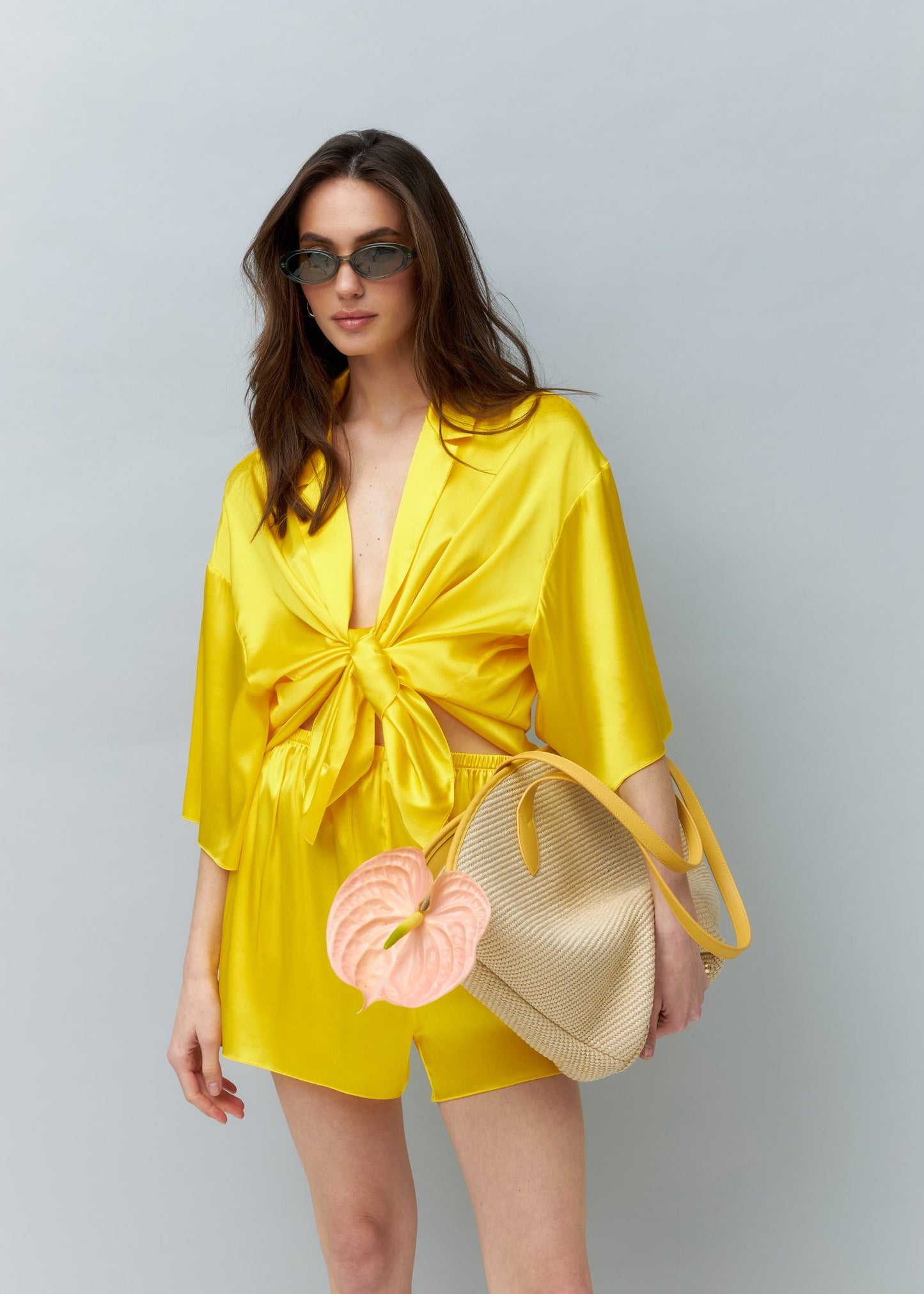 Pure Silk Blouse and Shorts Set in Yellow