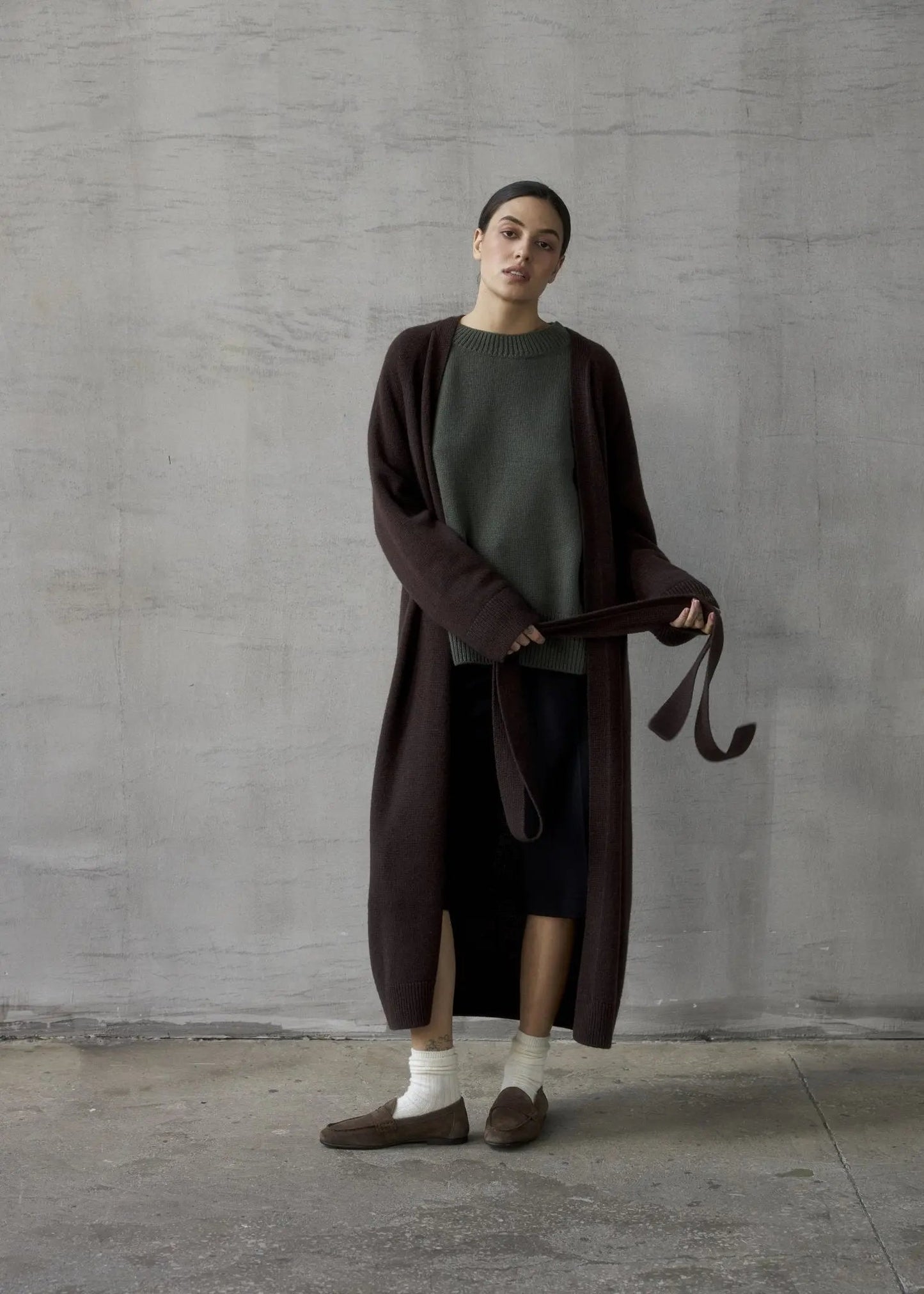 Long Cashmere Cardigan with Belt in Brown - NiSO