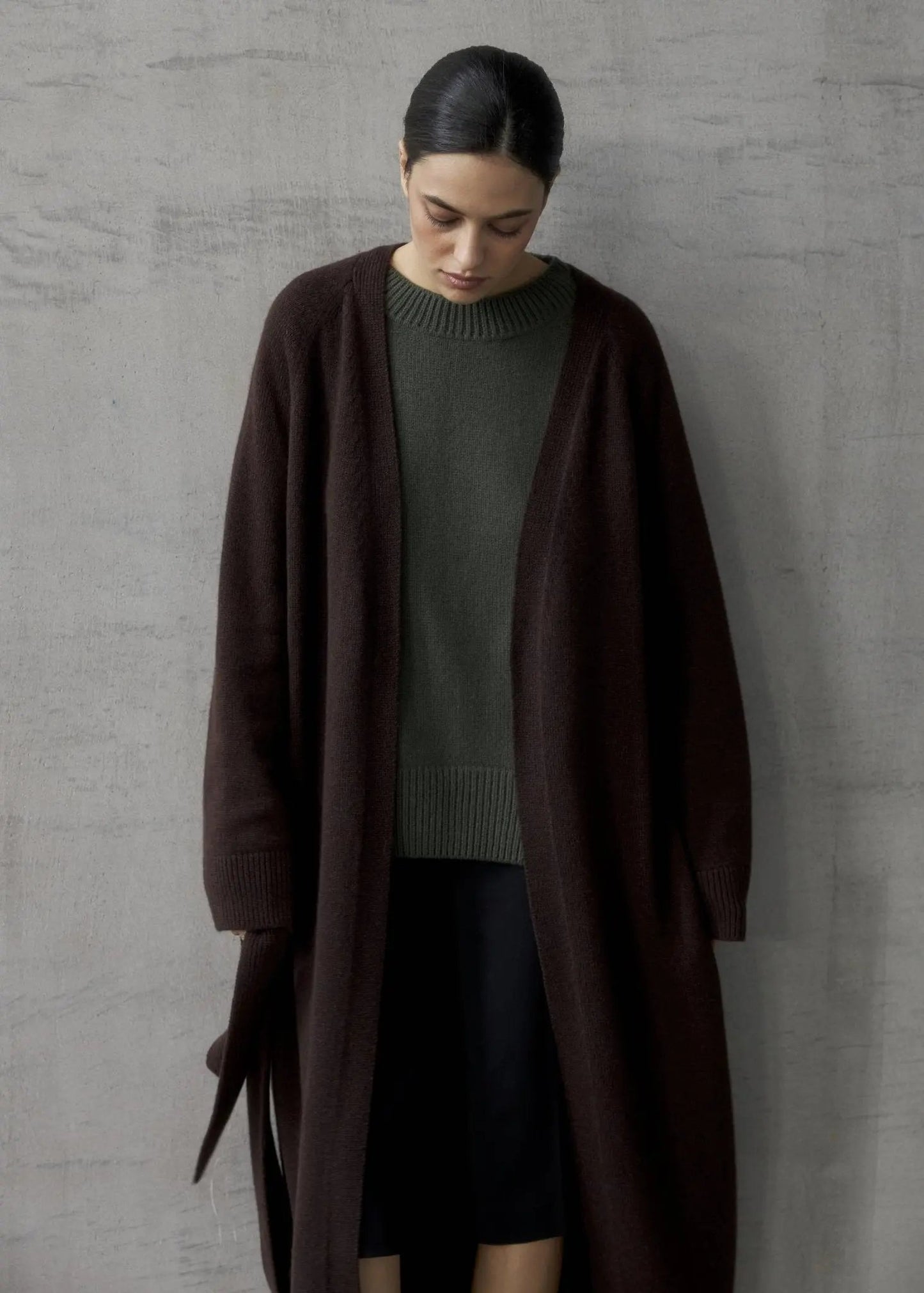 Long Cashmere Cardigan with Belt in Brown - NiSO