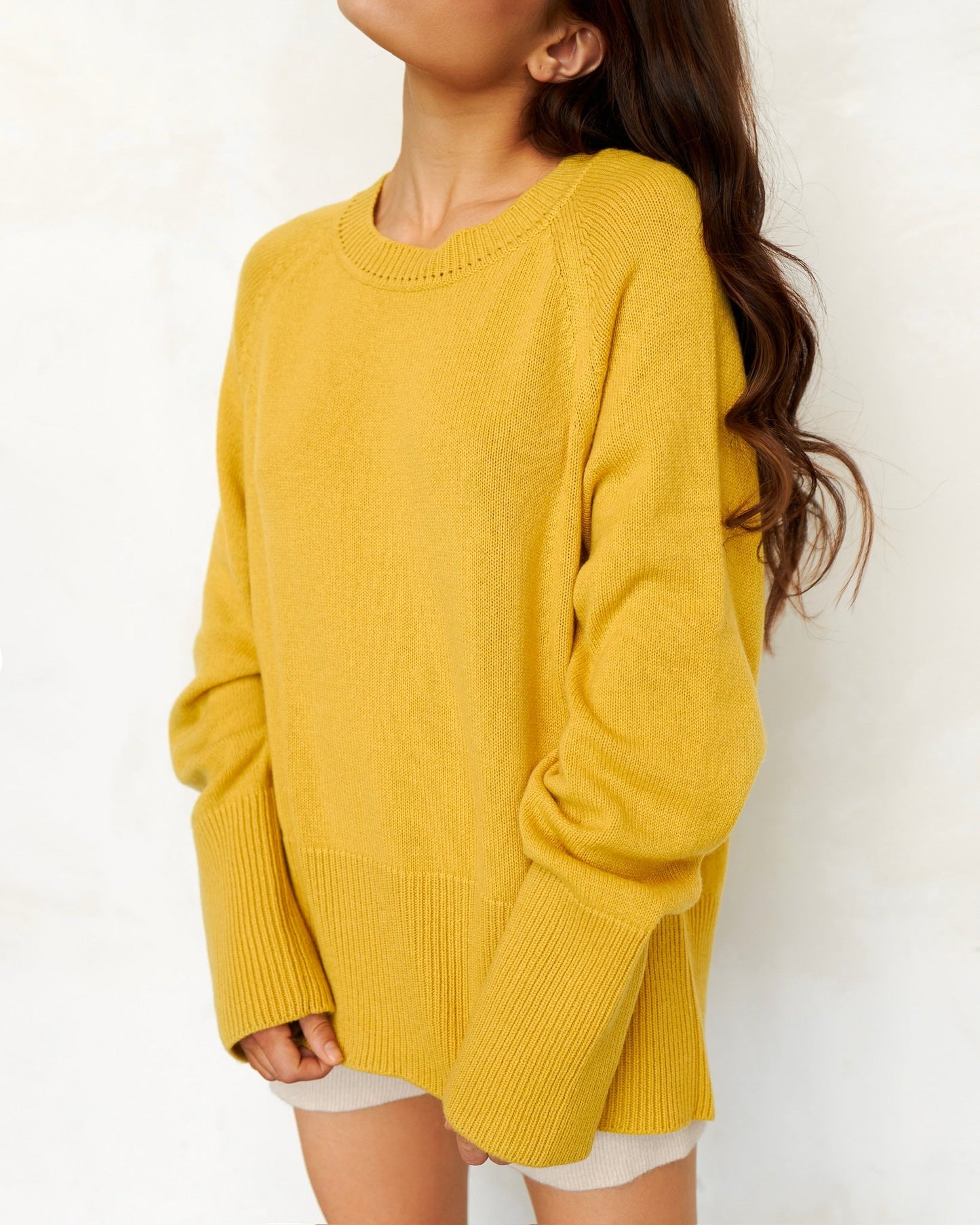 Crew - Neck 100% Cashmere Long Sweater in Yellow - NiSO