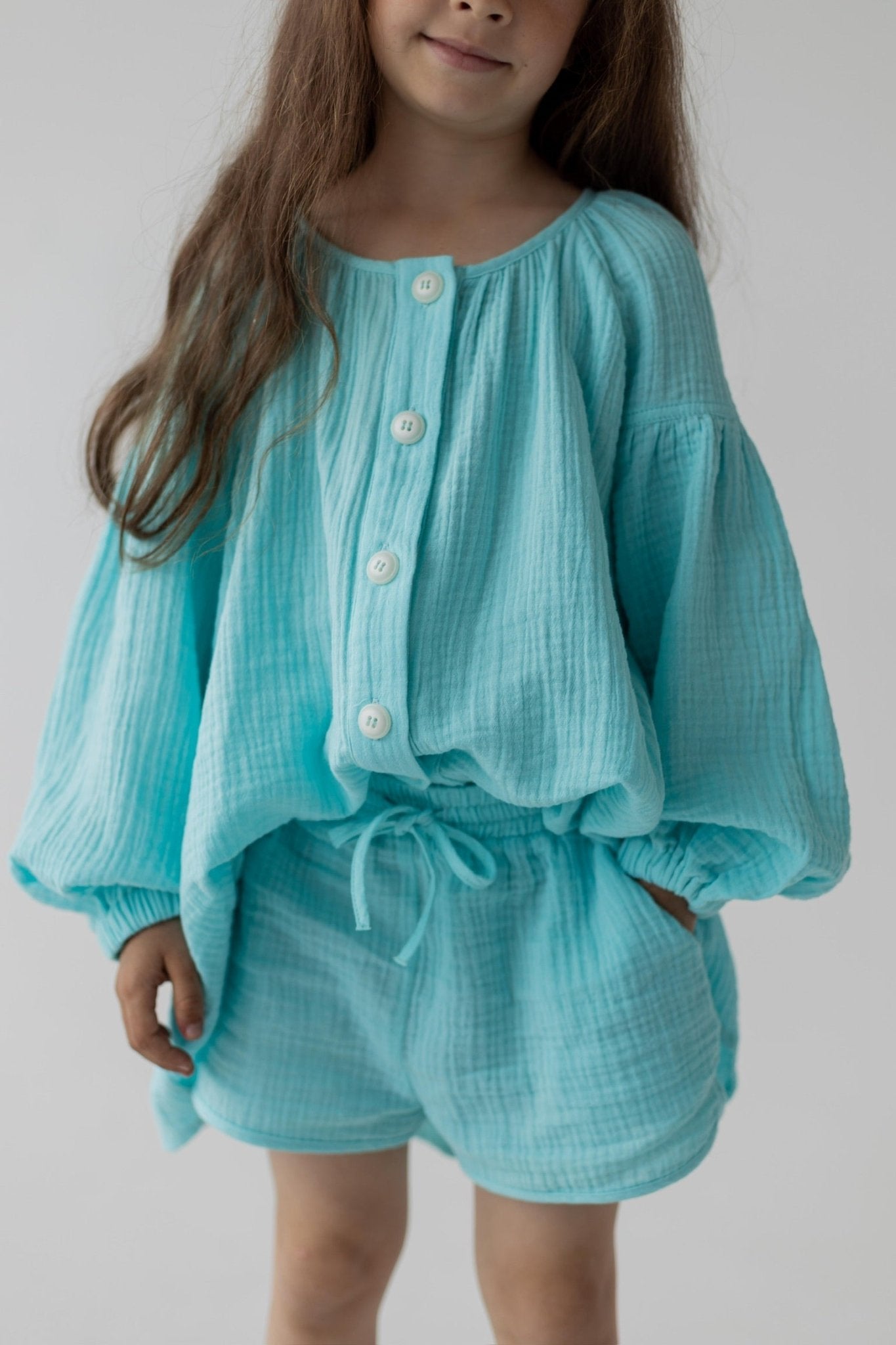 Kids Muslin Set with Shorts in Aqua - NiSO