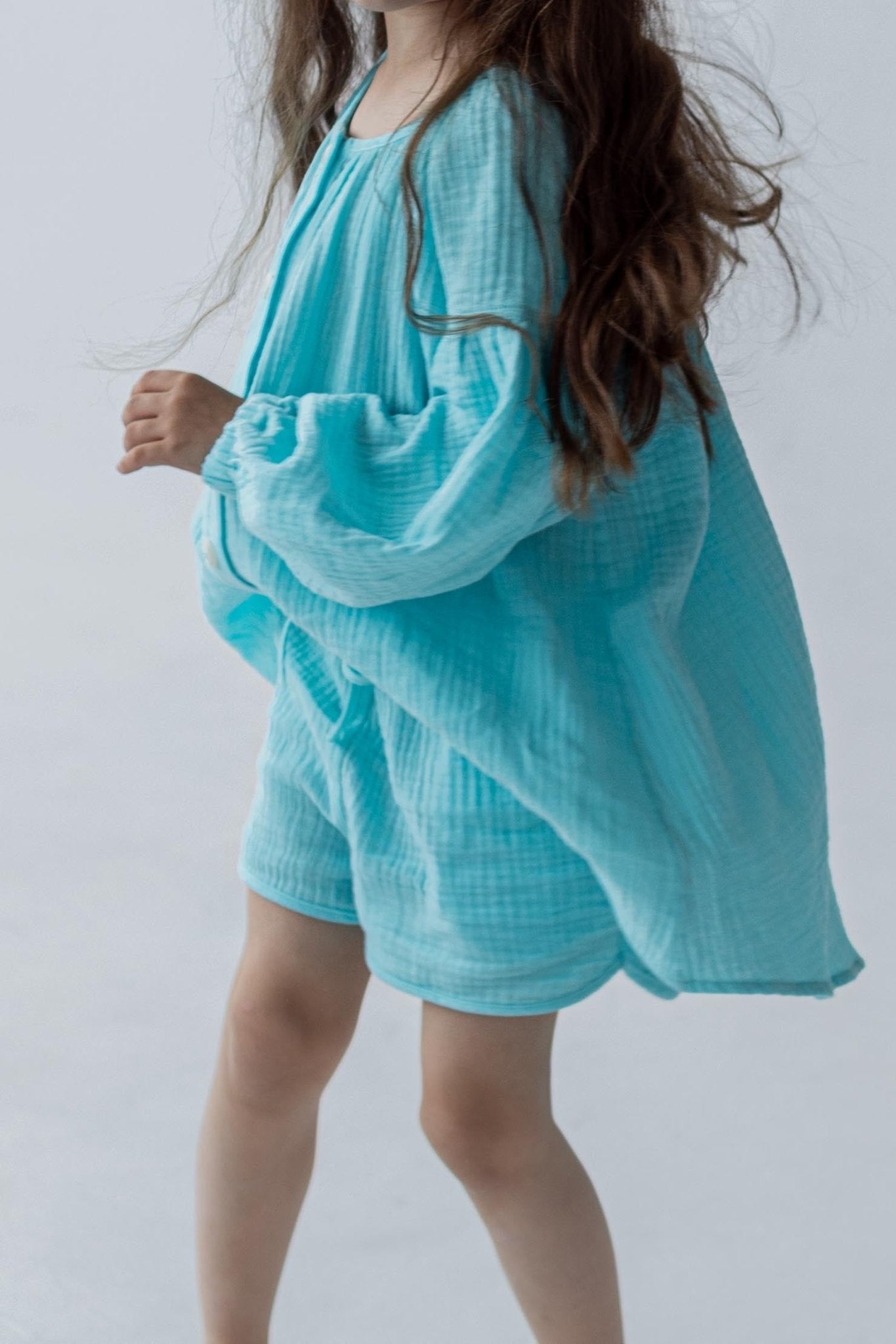Kids Muslin Set with Shorts in Aqua - NiSO