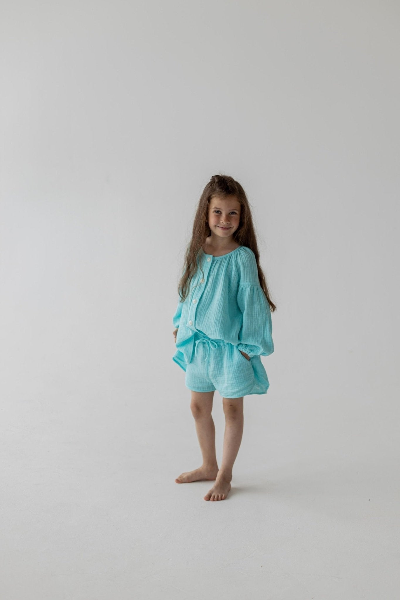 Kids Muslin Set with Shorts in Aqua - NiSO