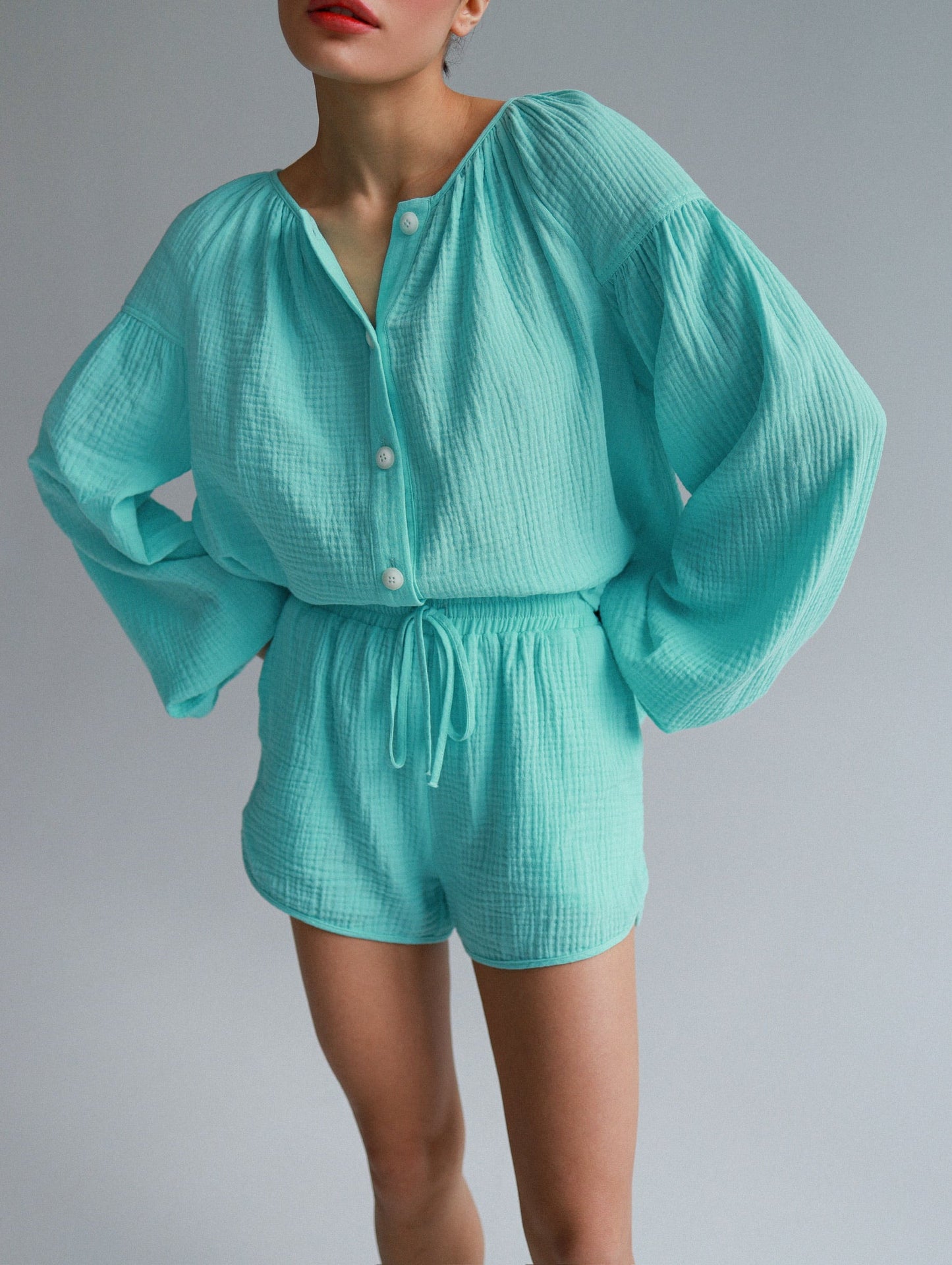 Natural Muslin Set with Shorts in Aqua - NiSO