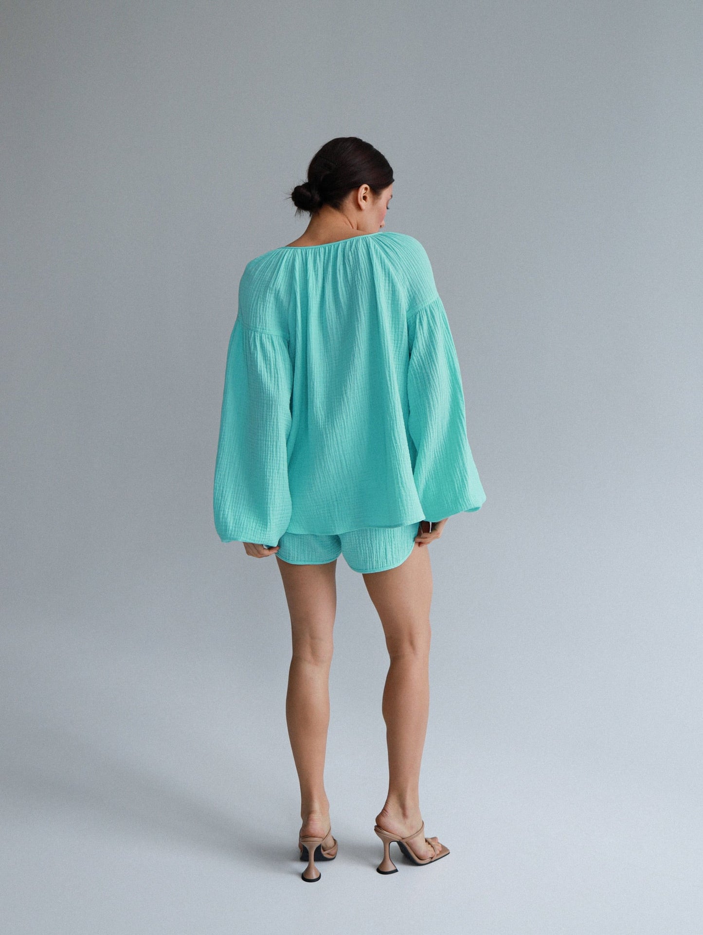 Natural Muslin Set with Shorts in Aqua - NiSO