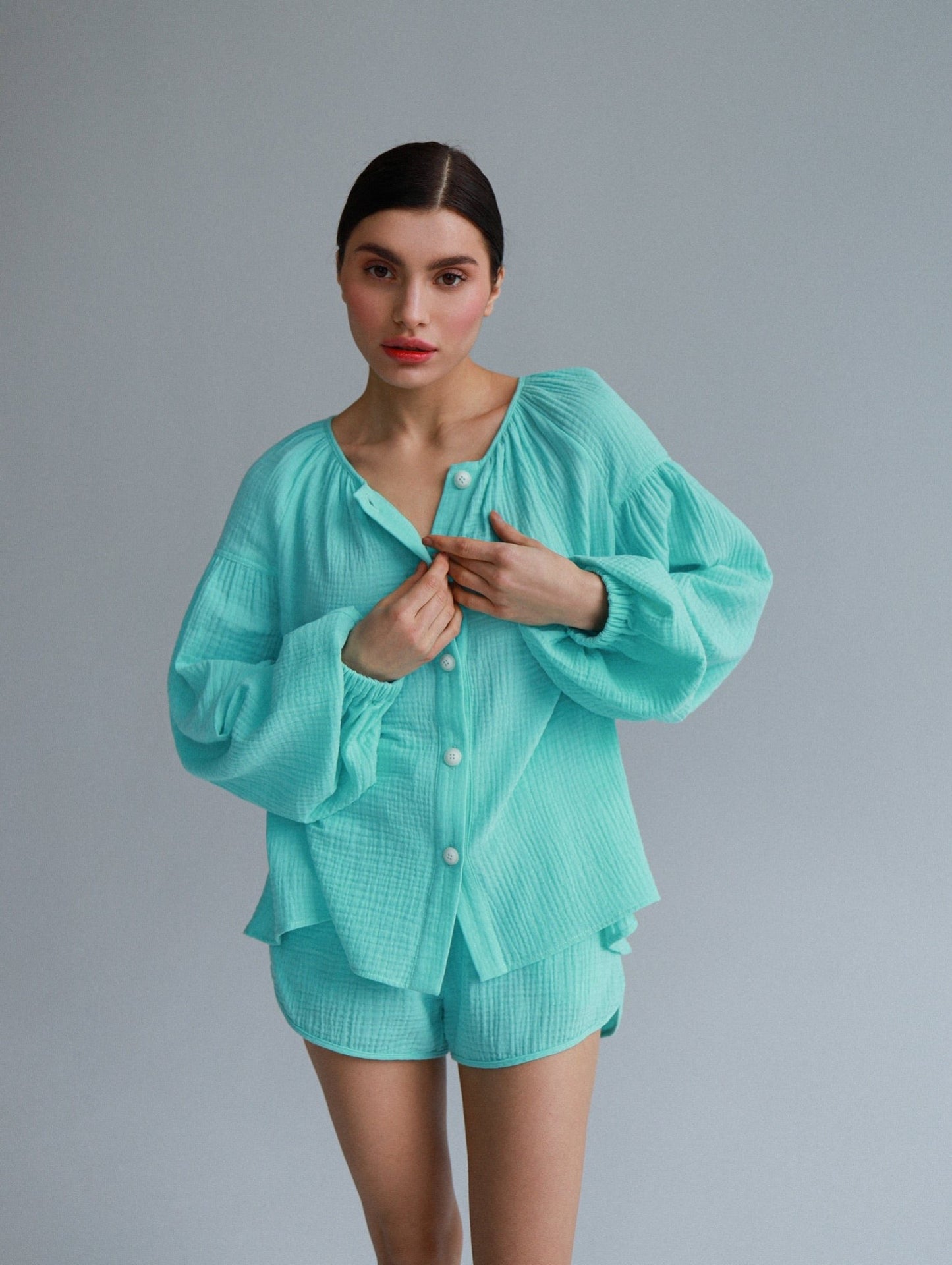 Natural Muslin Set with Shorts in Aqua - NiSO