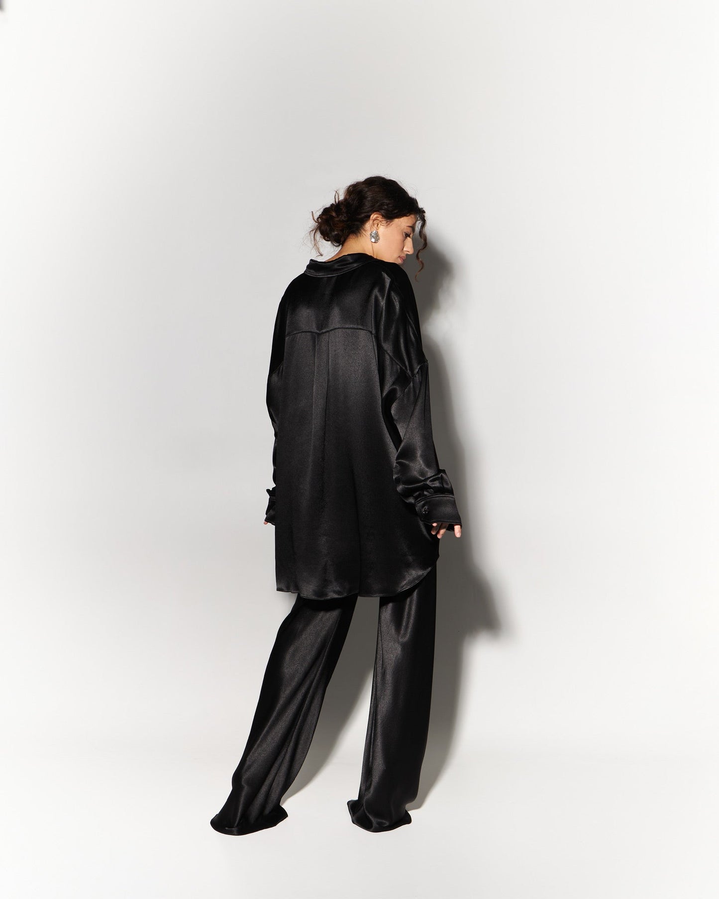 Silk Blouse with Trousers Set in Black - NiSO
