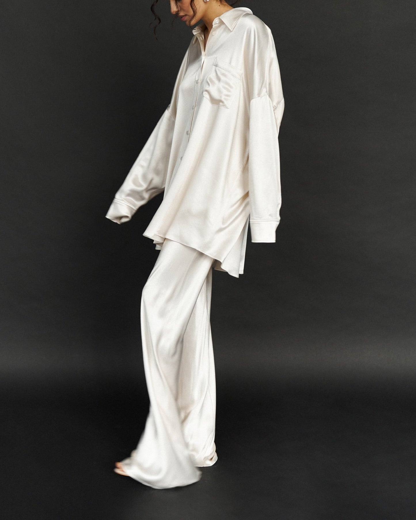 Silk Blouse with Trousers Set in White - NiSO