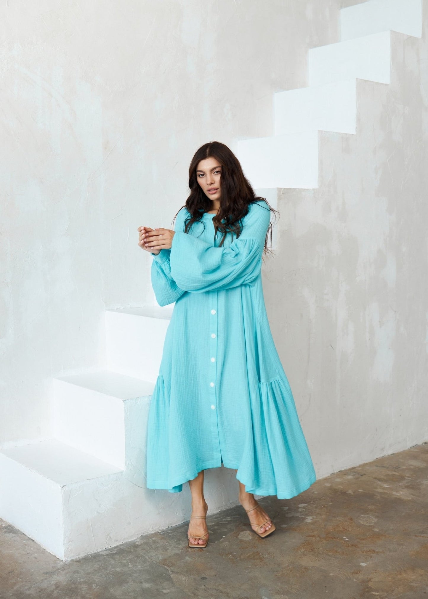 Universal Long Muslin Dress "Olenka" in Aqua - NiSO