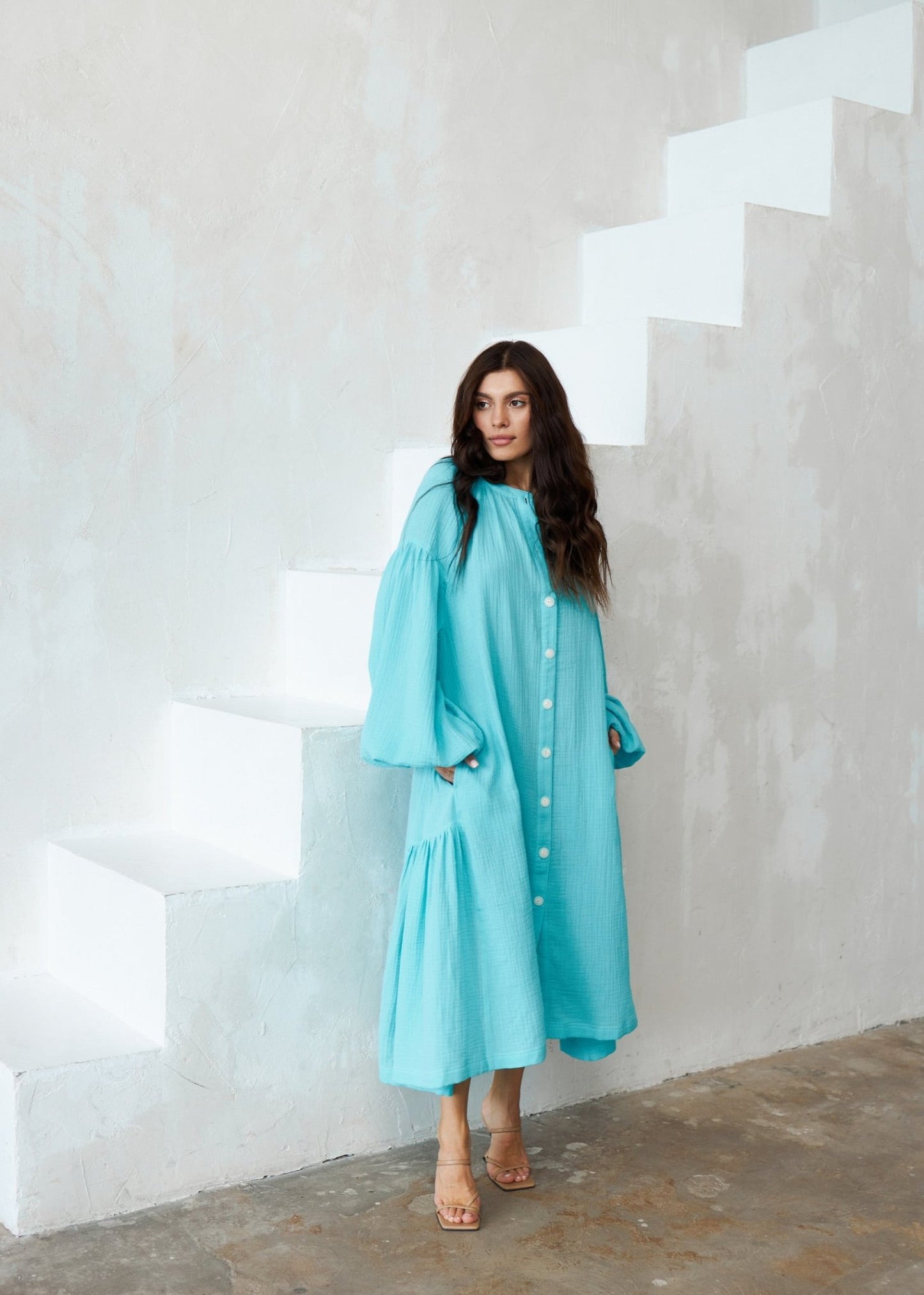 Universal Long Muslin Dress "Olenka" in Aqua - NiSO
