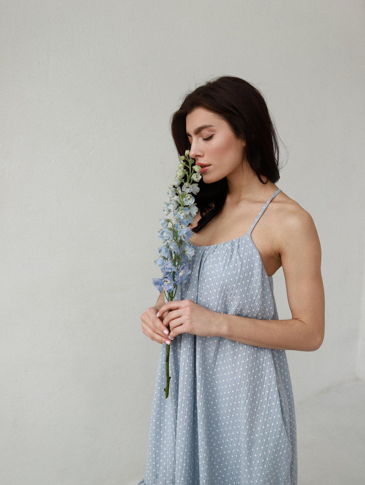 Universal Midi Muslin Summer Dress in Blue with Dots - NiSO
