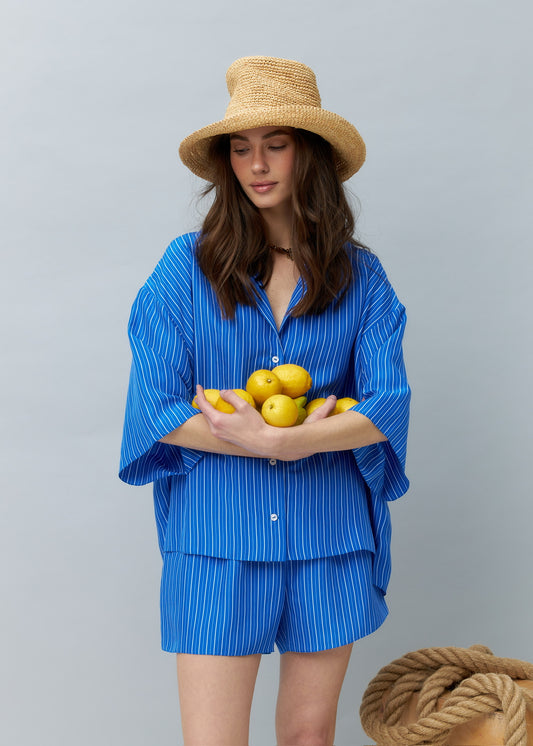 Pure Silk Blouse and Shorts Set in Blue with Stripes