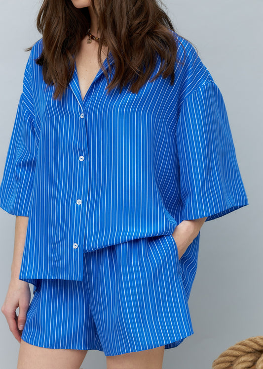 Pure Silk Blouse and Shorts Set in Blue with Stripes