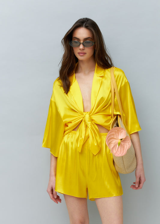 Pure Silk Blouse and Shorts Set in Yellow