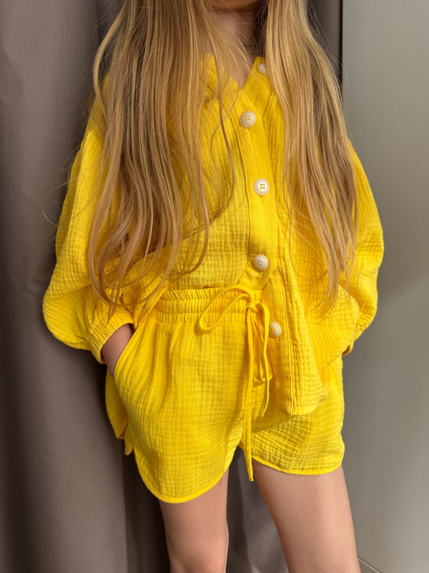 Kids Muslin Set with Shorts in Yellow