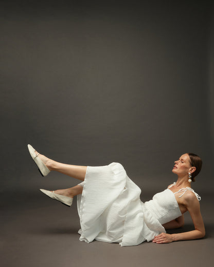 Long Ruffle Spaghetti Strap Cotton Dress "Paris" in White