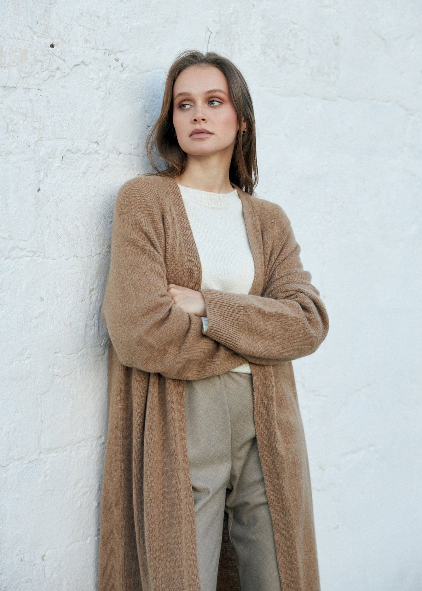 Long 100% Cashmere Cardigan with Belt in Camel - NiSO