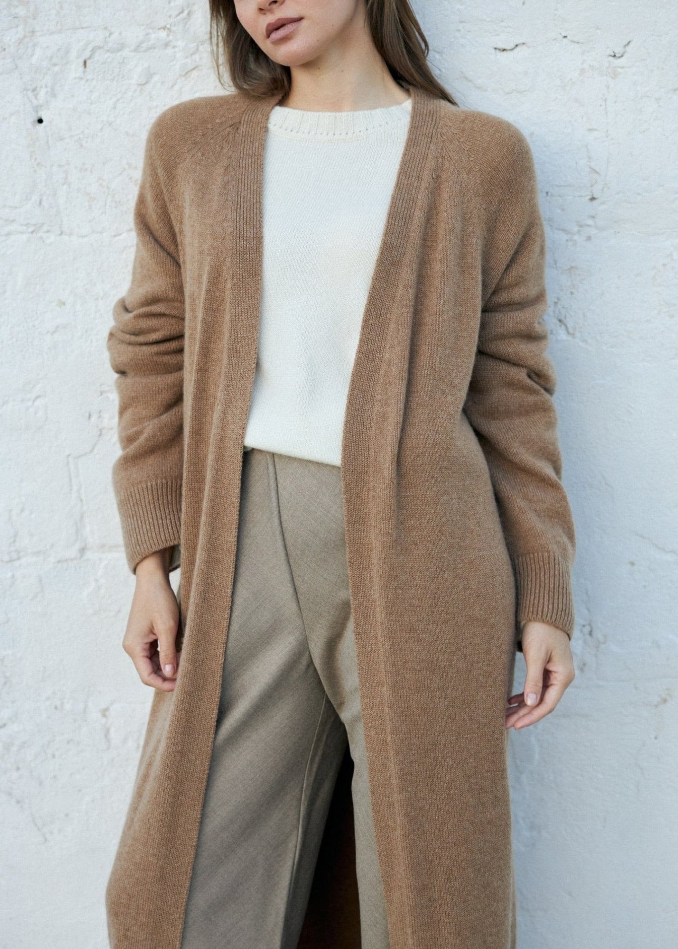 Long 100% Cashmere Cardigan with Belt in Camel - NiSO