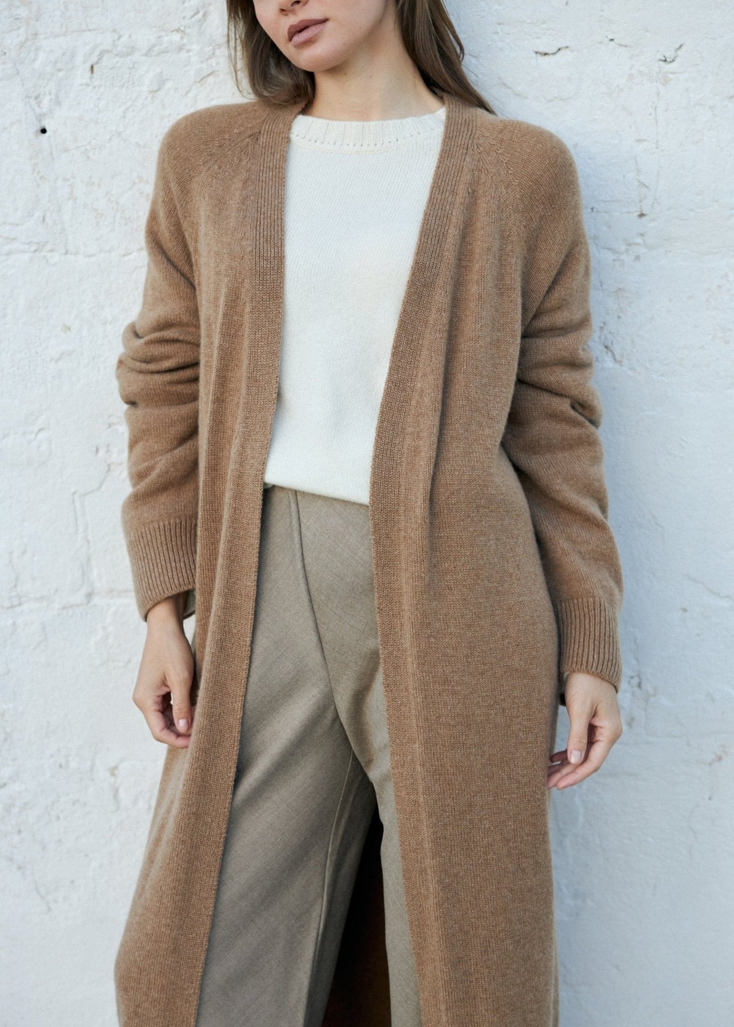 Long 100% Cashmere Cardigan with Belt in Camel - NiSO