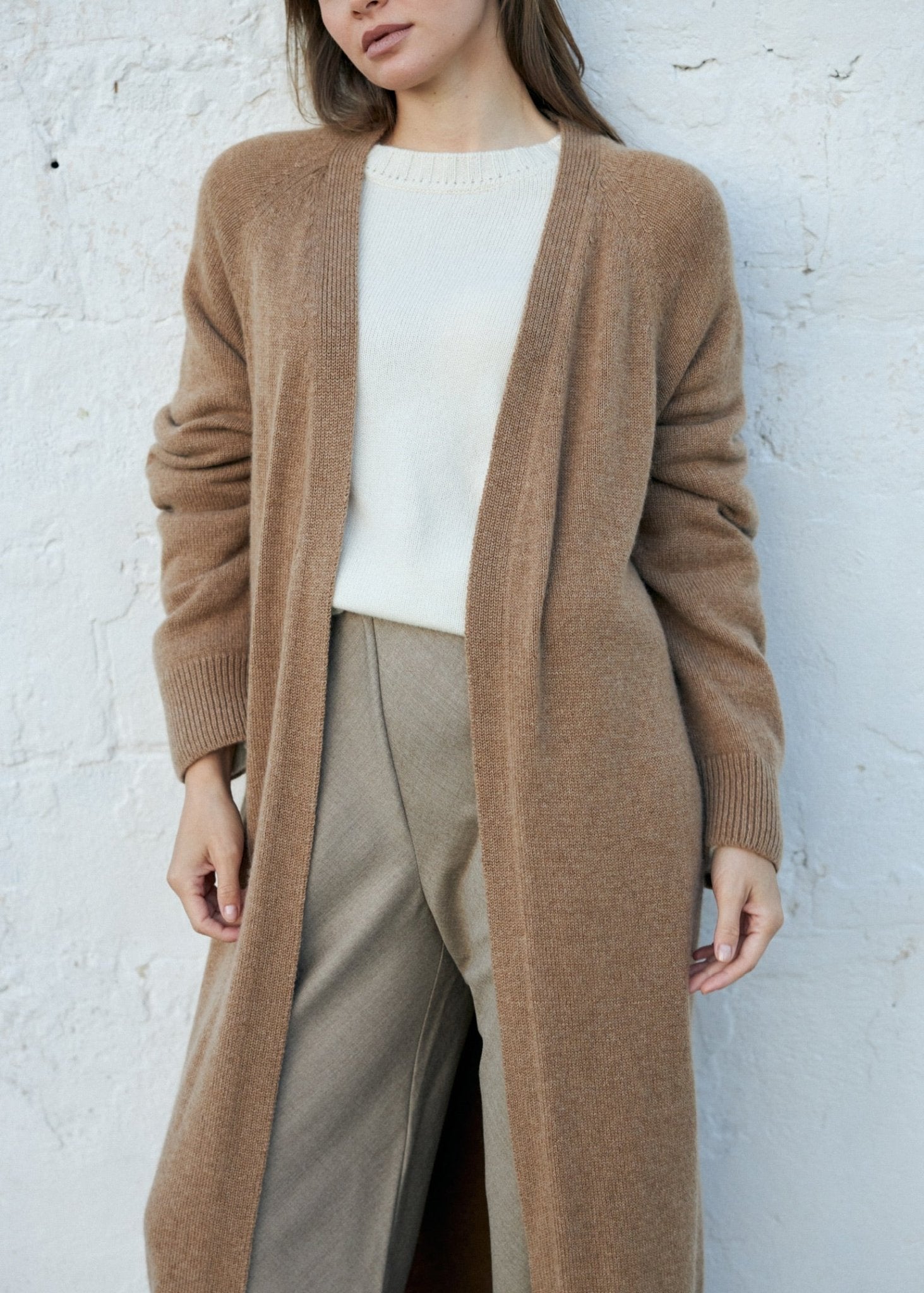 Long 100% Cashmere Cardigan with Belt in Camel - NiSO