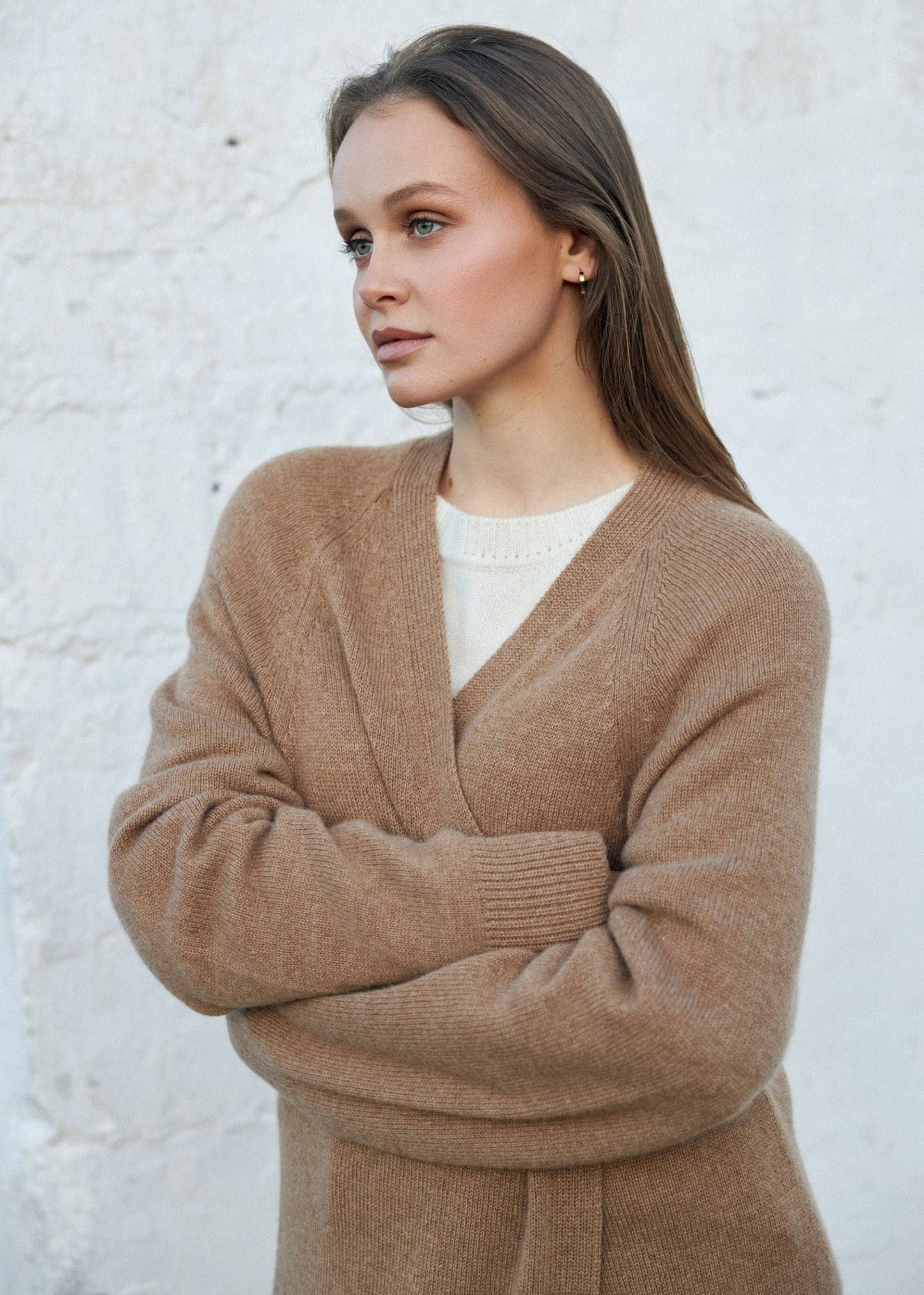 Long 100% Cashmere Cardigan with Belt in Camel - NiSO