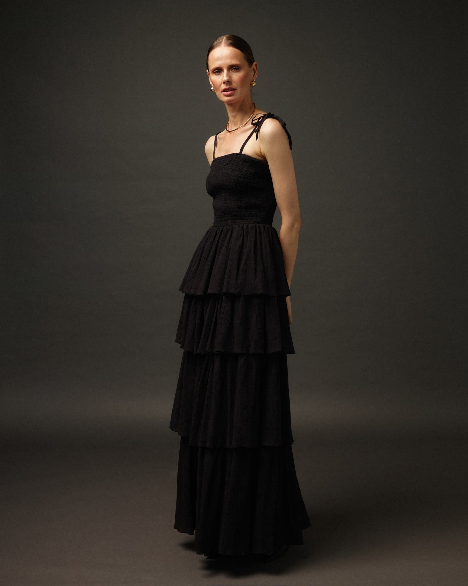 Long Ruffle Spaghetti Strap Cotton Dress "Paris" in Black - NiSO