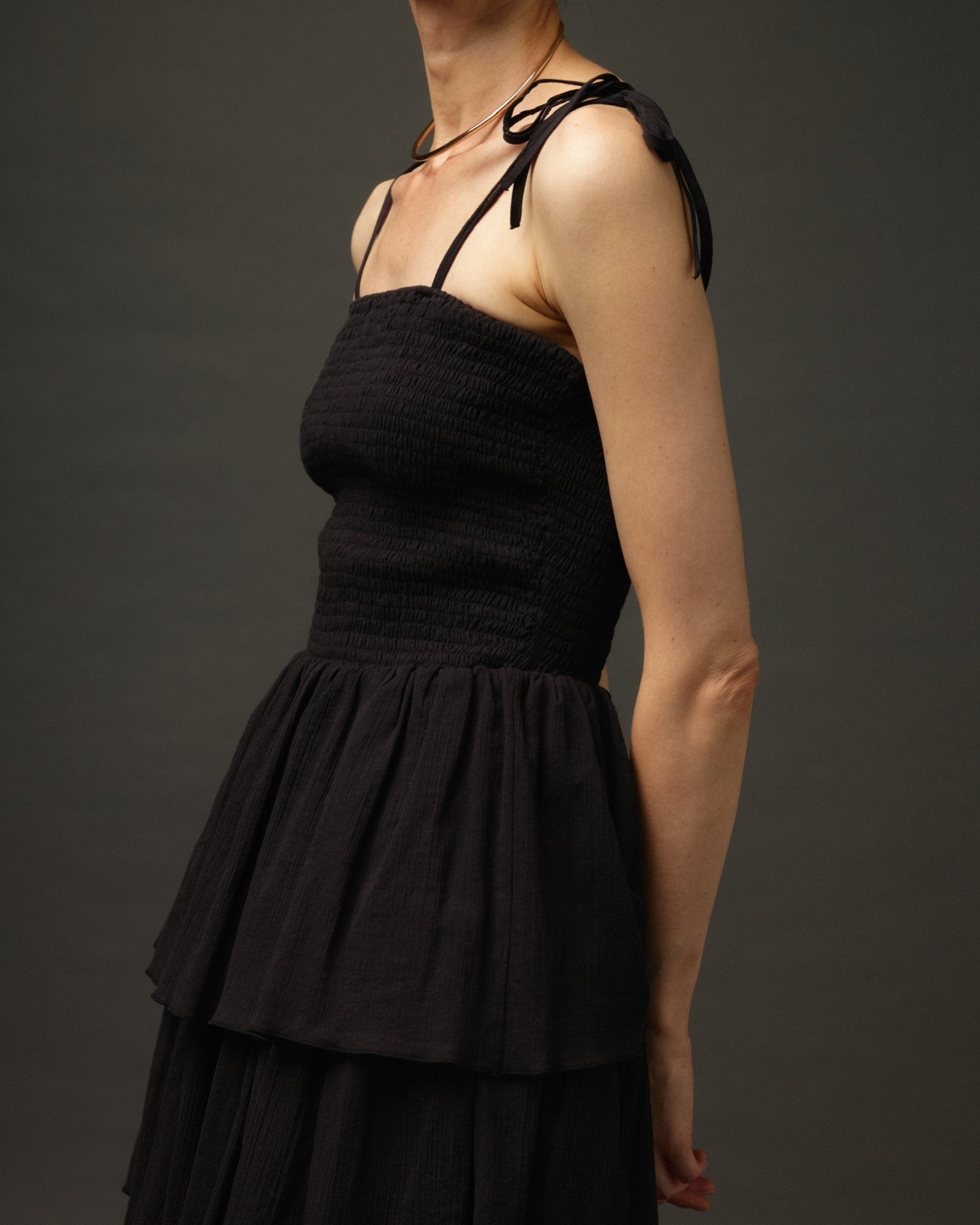 Long Ruffle Spaghetti Strap Cotton Dress "Paris" in Black - NiSO