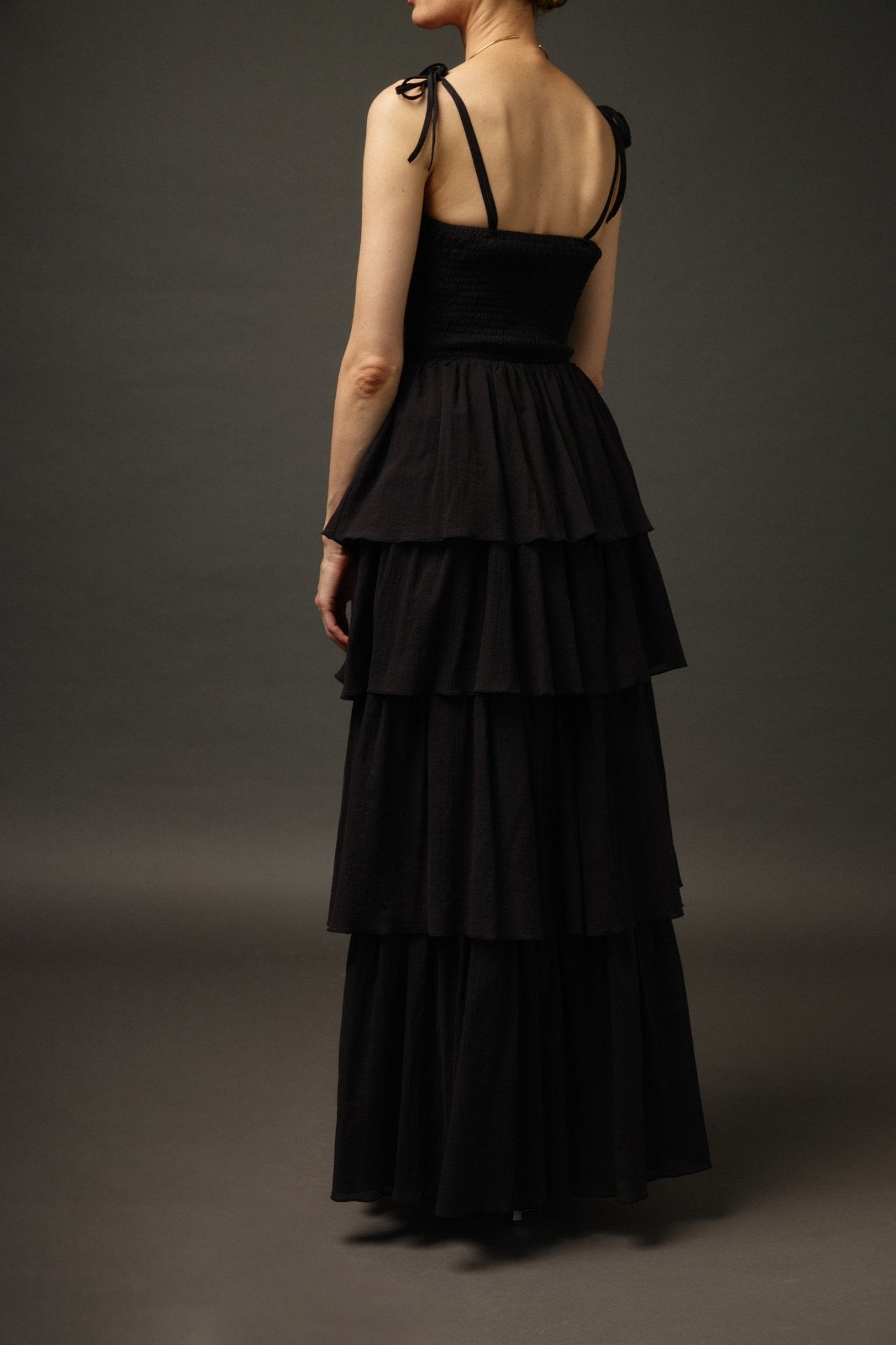 Long Ruffle Spaghetti Strap Cotton Dress "Paris" in Black - NiSO