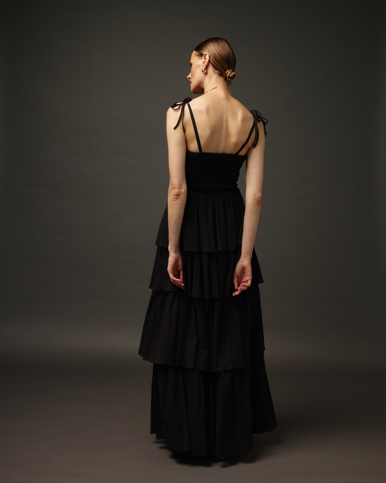 Long Ruffle Spaghetti Strap Cotton Dress "Paris" in Black - NiSO