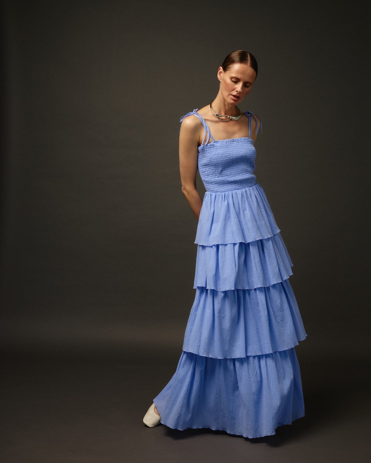 Long Ruffle Spaghetti Strap Cotton Dress "Paris" in Lavender - NiSO