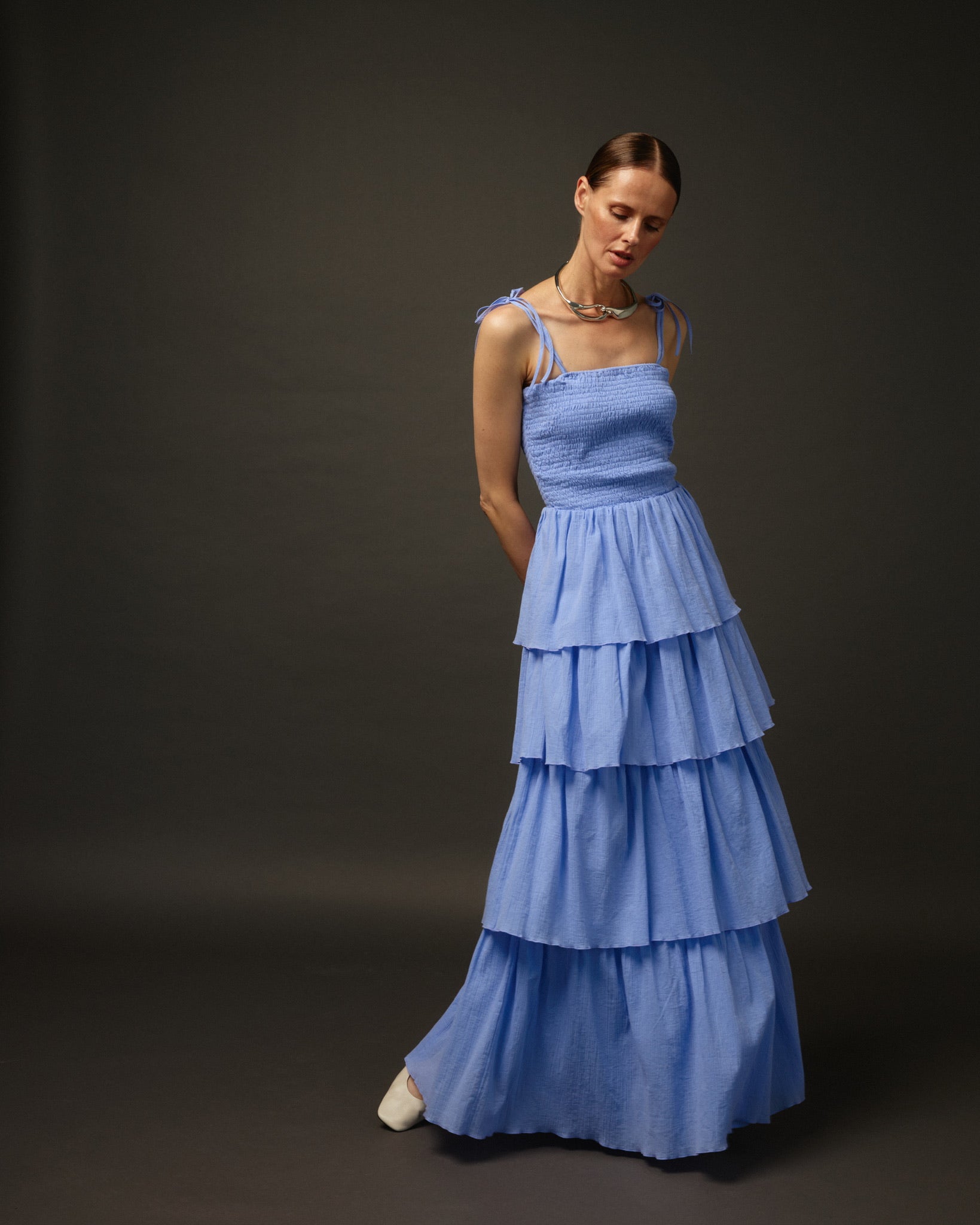 Long Ruffle Spaghetti Strap Cotton Dress "Paris" in Lavender - NiSO