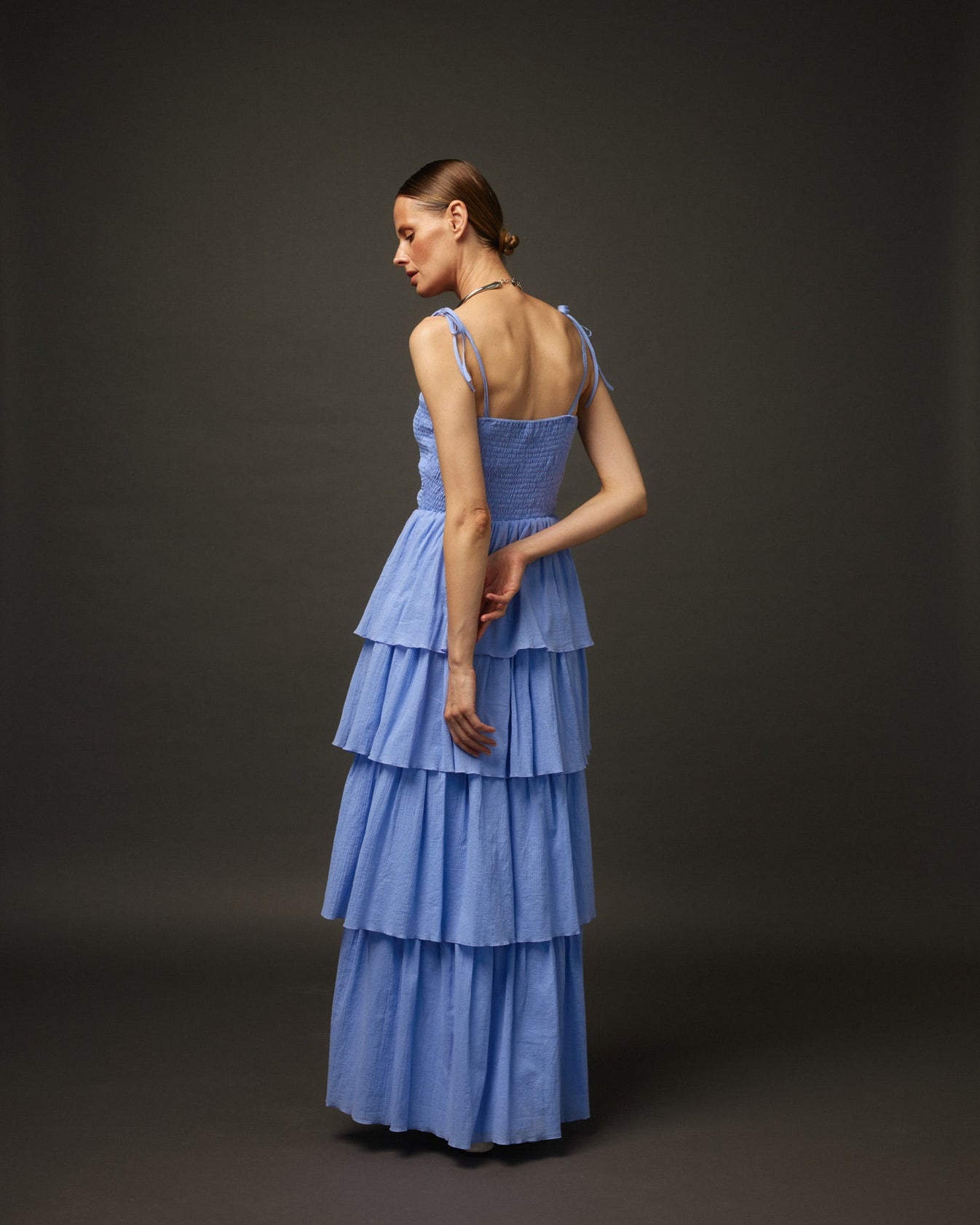 Long Ruffle Spaghetti Strap Cotton Dress "Paris" in Lavender - NiSO