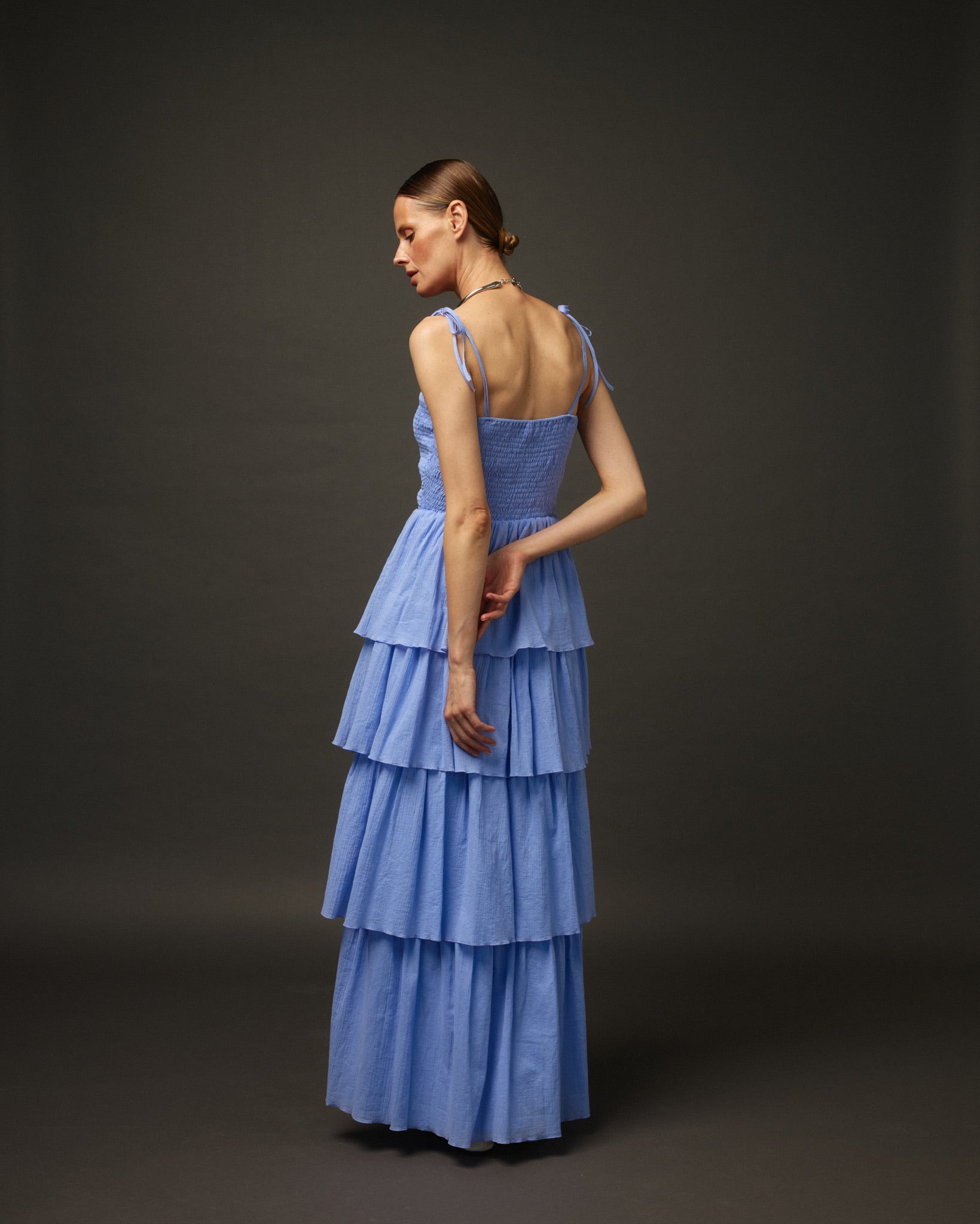 Long Ruffle Spaghetti Strap Cotton Dress "Paris" in Lavender - NiSO